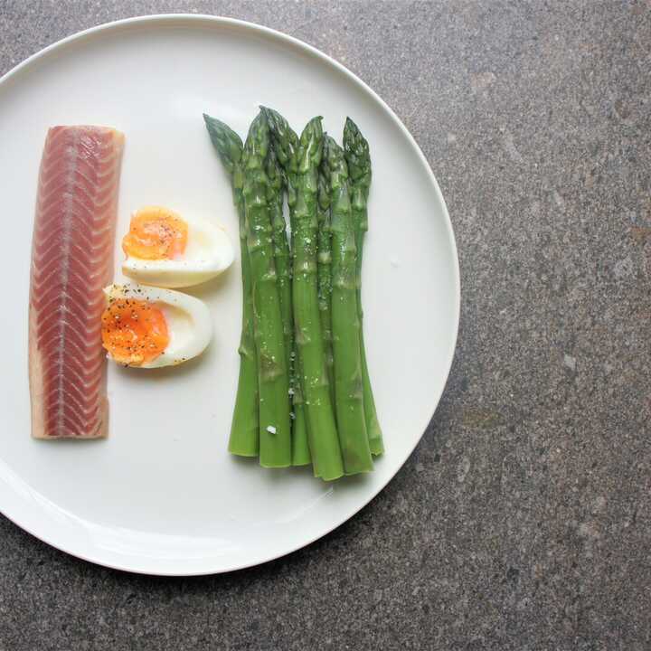 smoked eel egg and asparagus