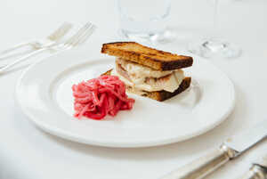 smoked eel sandwich with onion pickle at Soho’s Quo Vadis